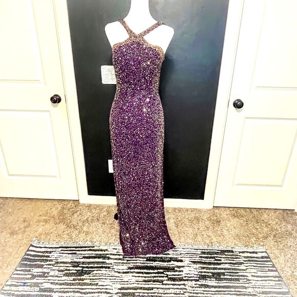 ✨ SCALA Plum and Gold Vintage Beaded Gown – Size Medium ✨ - Picture 3 of 16